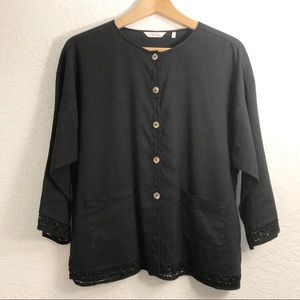 Kleen Linen Rayon Black Button Down Blouse